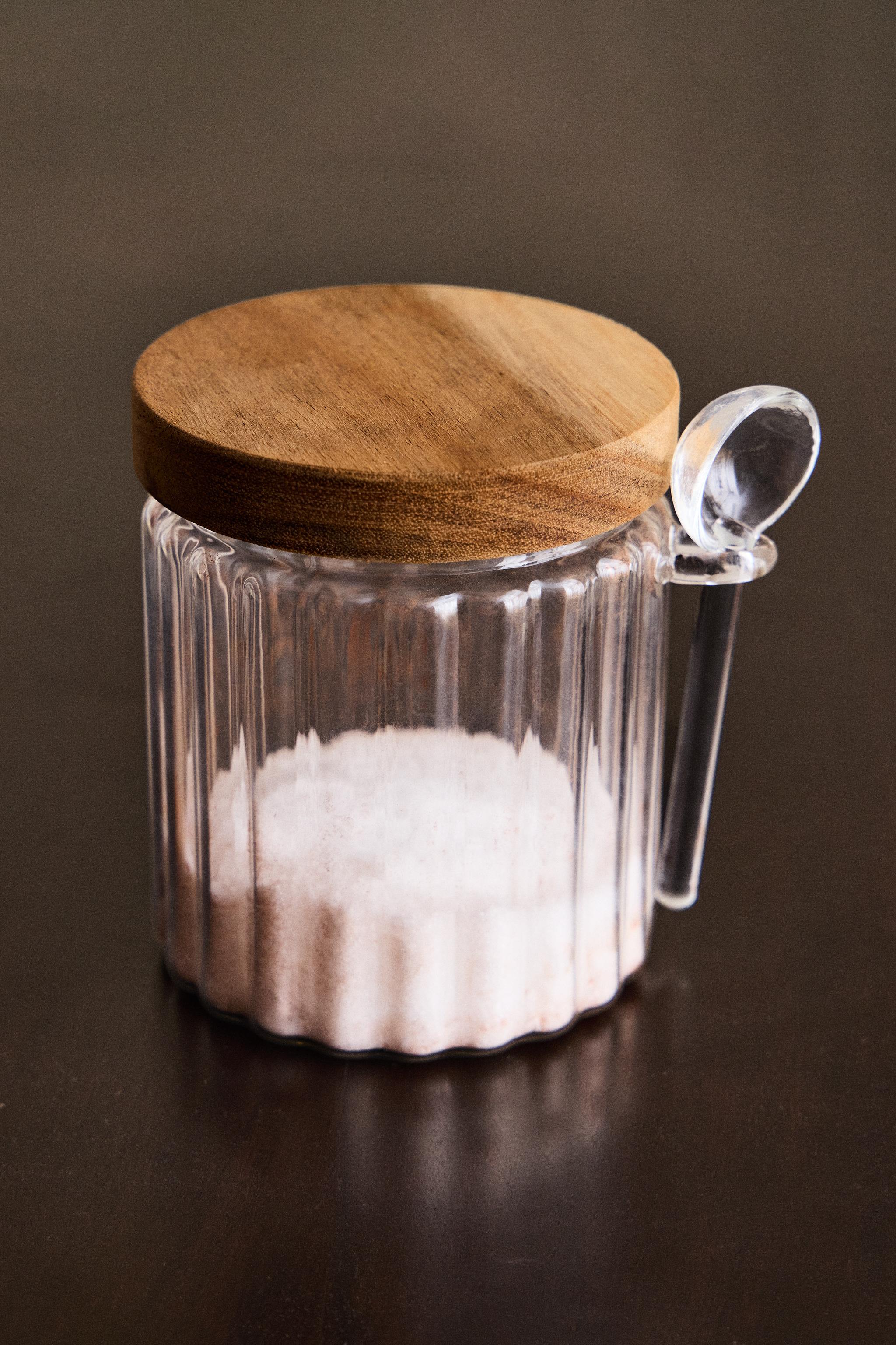 BOROSILICATE GLASS AND WOOD SUGAR BOWL